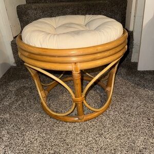 Vintage Boho Chic Bamboo Rattan Circular Bentwood Foot Stool Ottoman & Cushion